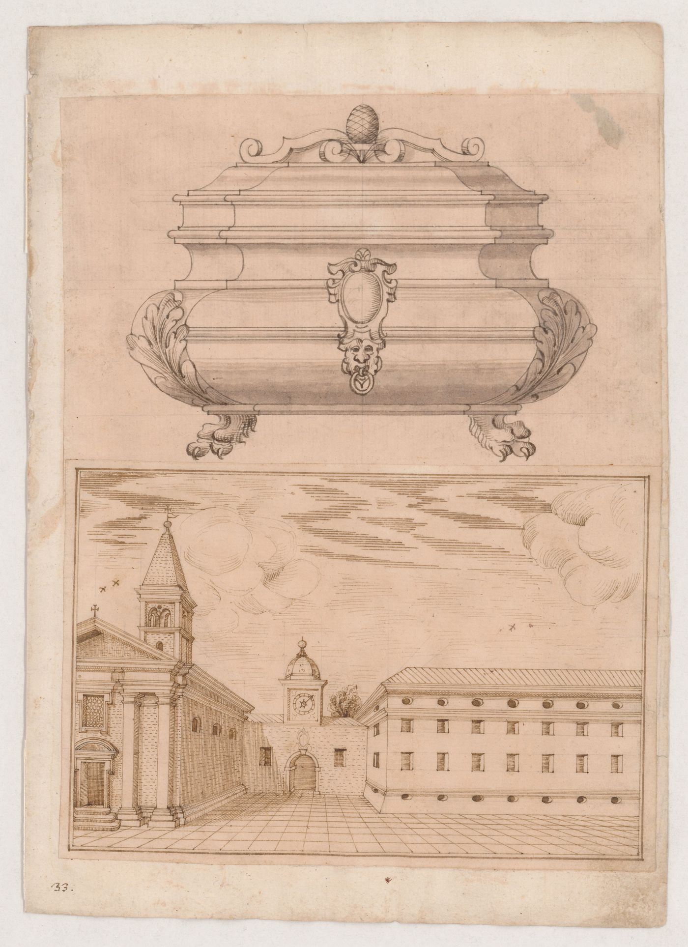 Elevation of a chest; View of a piazza with a church and clock tower; verso: Bird's-eye view of three buildings on a canal near Comacchio; Elevation of a domed tower