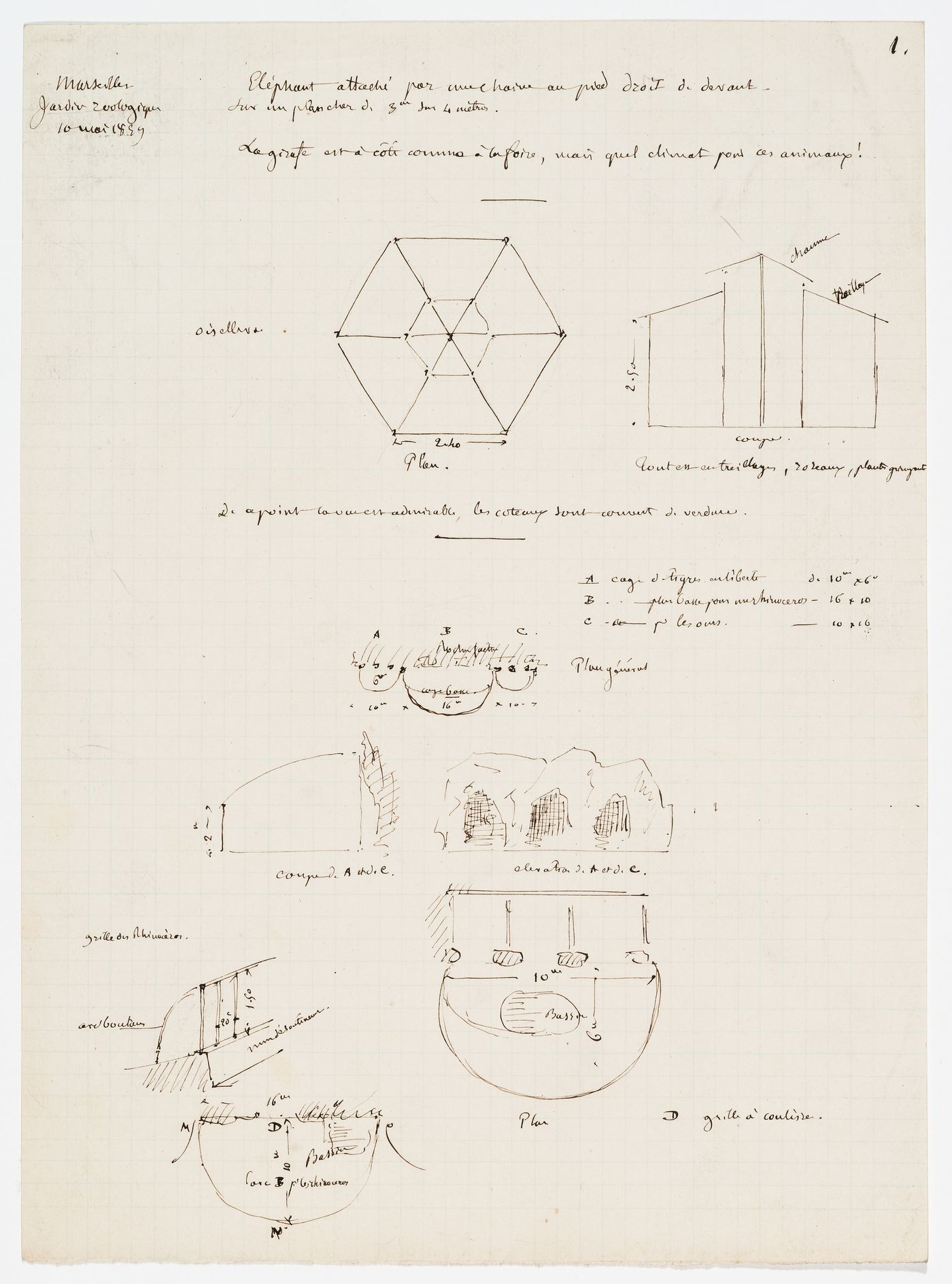 Zoological garden, Marseille: Notes and sketches concerning the animal cages