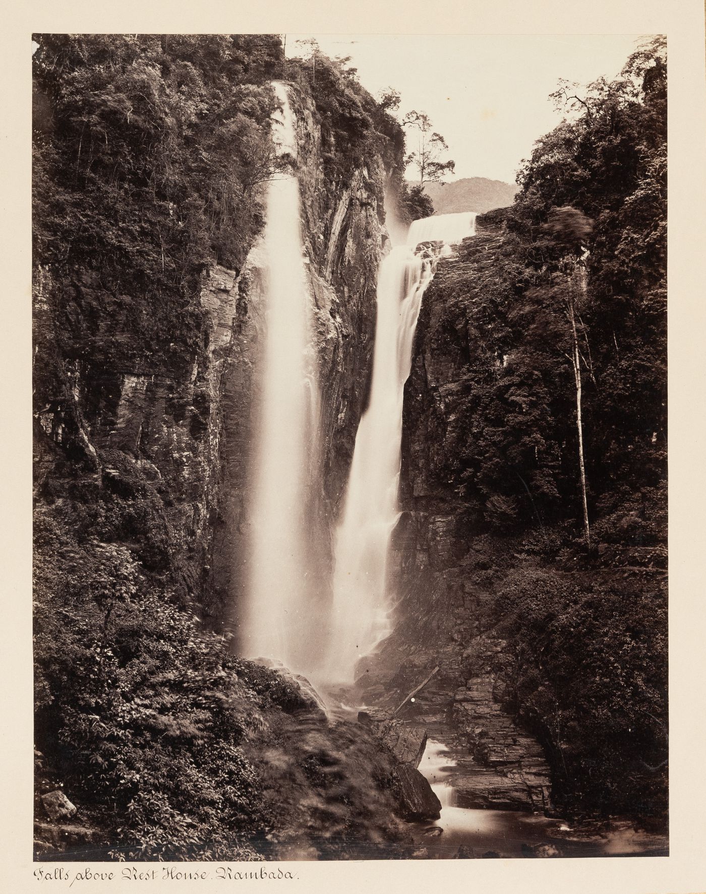 View of a waterfall, Ramboda, Ceylon (now Sri Lanka)