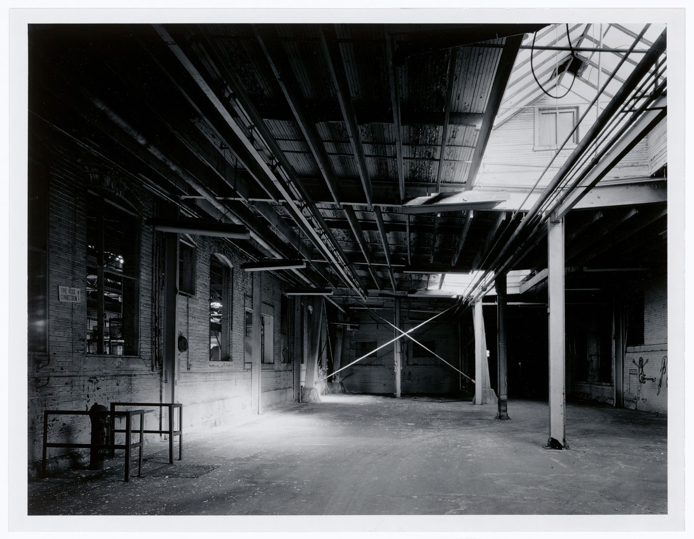 Interior view of the Canadian Switch & Spring Company Building showing the support structure for the water tower on the roof, Montréal, Québec
