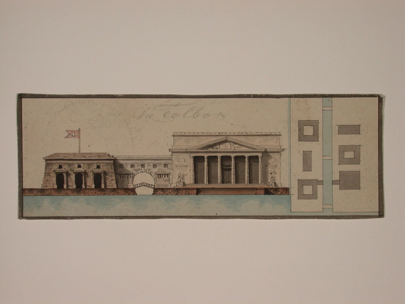 Plan and elevation of a monumentalbuilding, possibly a barracks or