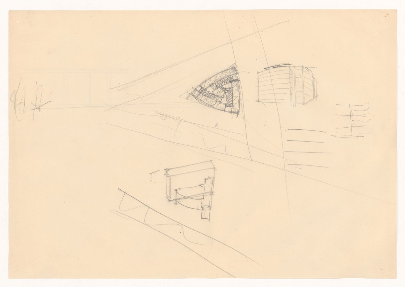 Conceptual sketches for a submission to the second competition for an office building on Friedrichstrasse, Berlin, 1929; verso: Ruled sketch, possibly for a window