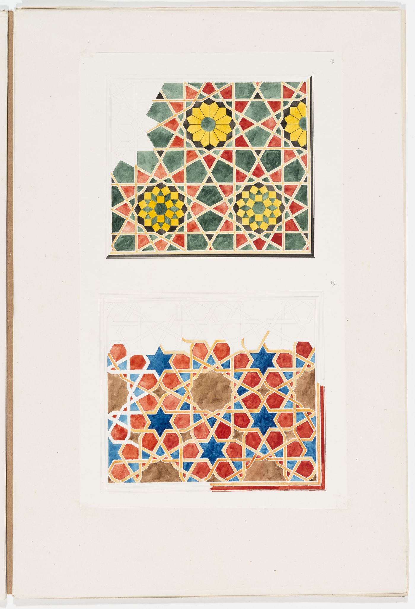 Ornament drawing of two panels decorated with geometric shapes and interlacing lines, probably Islamic