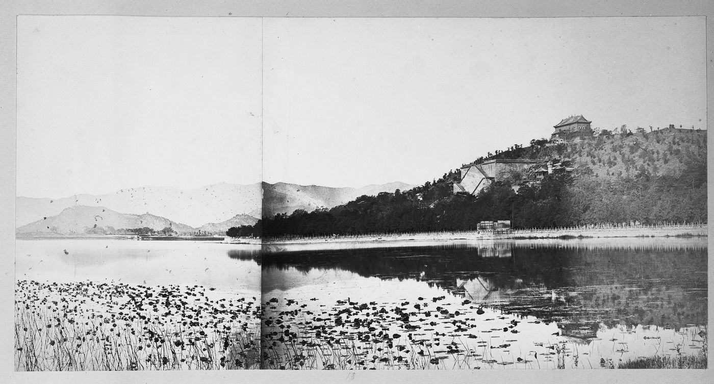 Panorama of the Garden of the Clear Ripples [Qing Yi Yuan] (now the Summer Palace or Yihe Yuan) showing Kunming Lake, ruins on Wanshou Shan (also known as Longevity Hill), and Yuquan Shan (also known as Jade Spring Hill), Peking (now Beijing), China