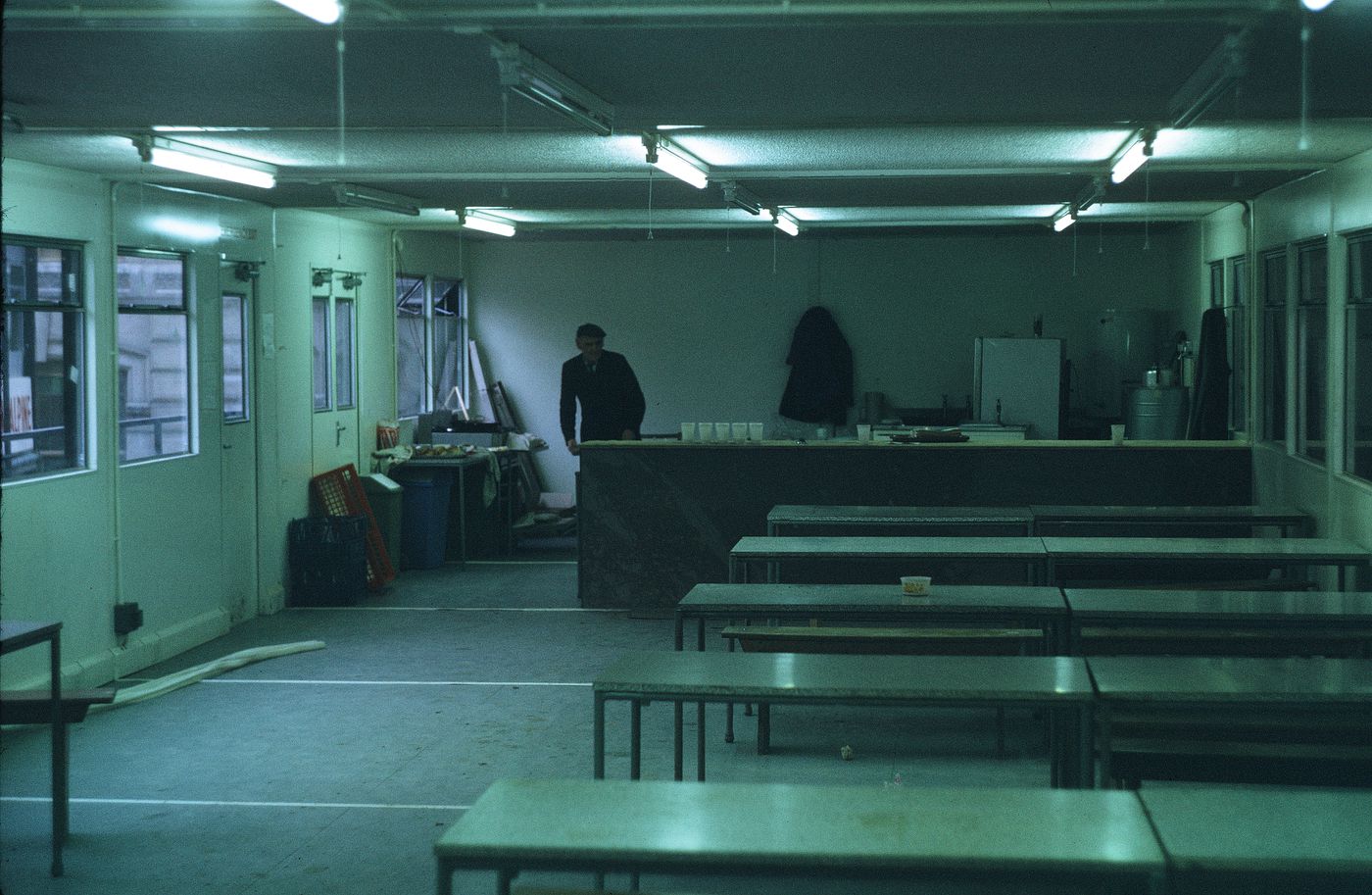 McAppy: interior view of a cafeteria installed in portable enclosures at the Angel Court site