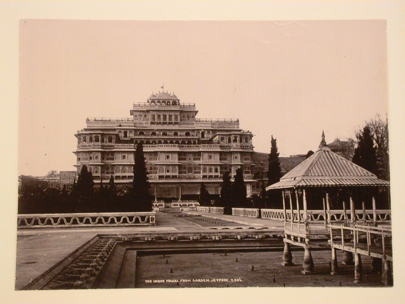 View of the Chandra Mahal [Moon Palace] from the Jai Niwas Garden, Jeypore (now Jaipur), India