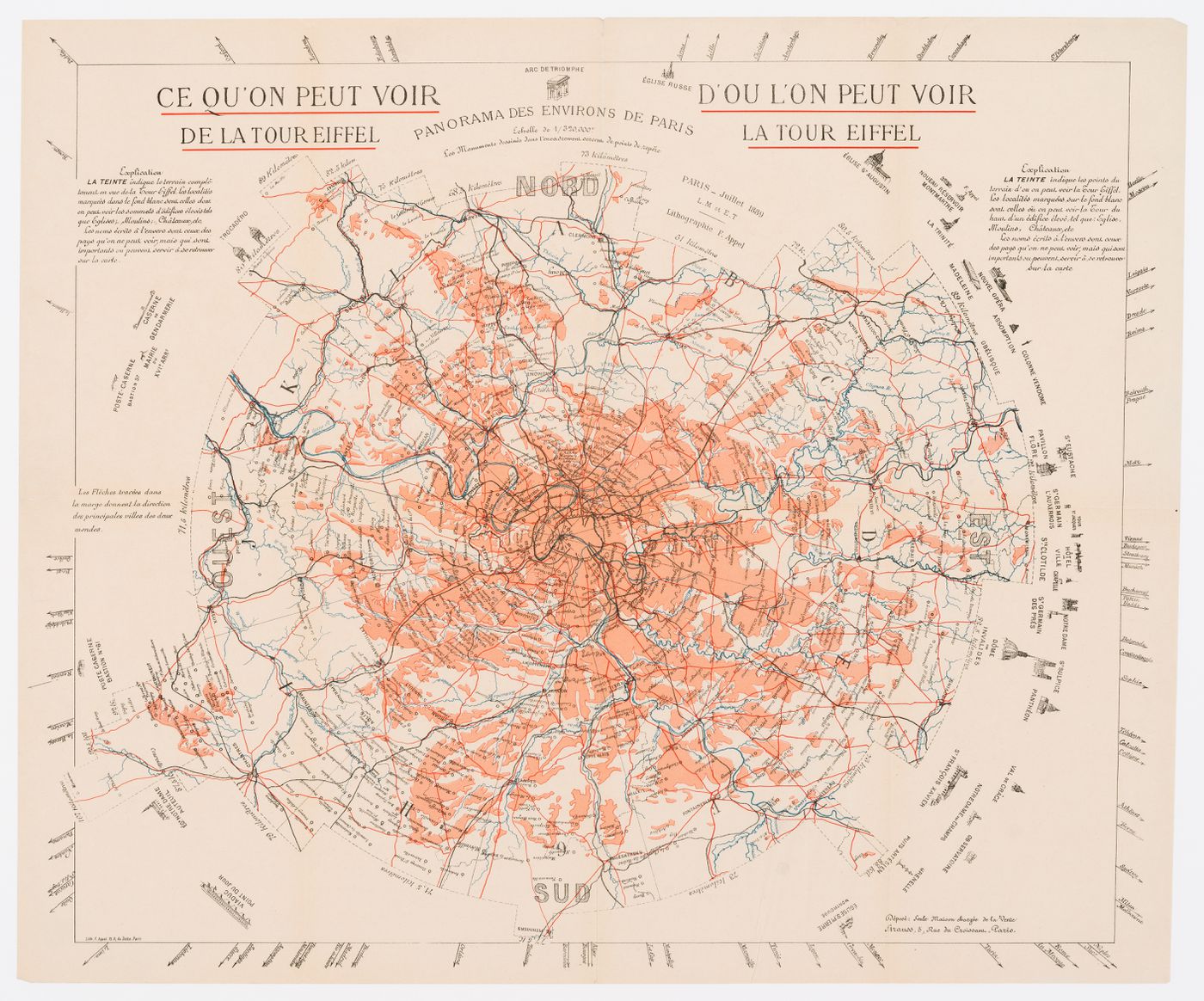 Carte des environs de Paris intitulée "Ce qu'on peut voir de la Tour Eiffel" et "D'où l'on peut voir la Tour Eiffel"