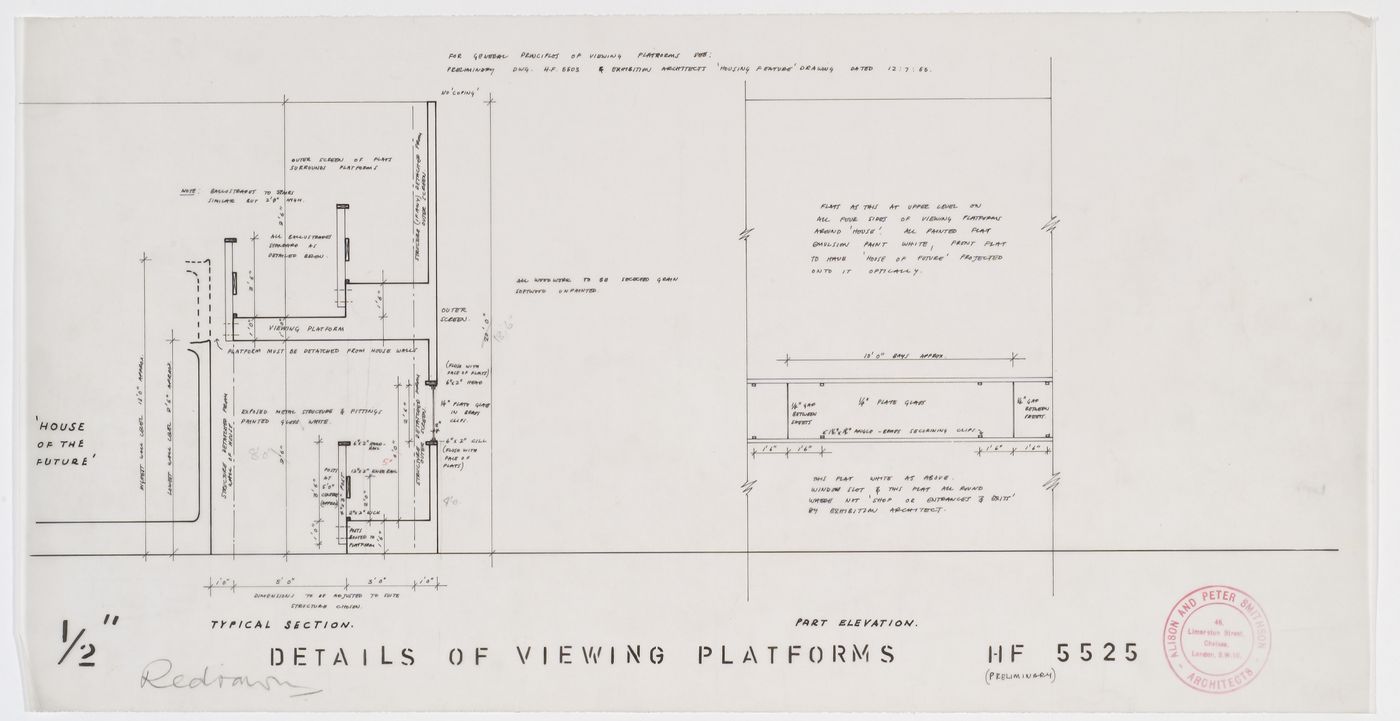 Section and partial elevation for the viewing platform, House of the Future, Daily Mail Ideal Homes Exhibition, London, England