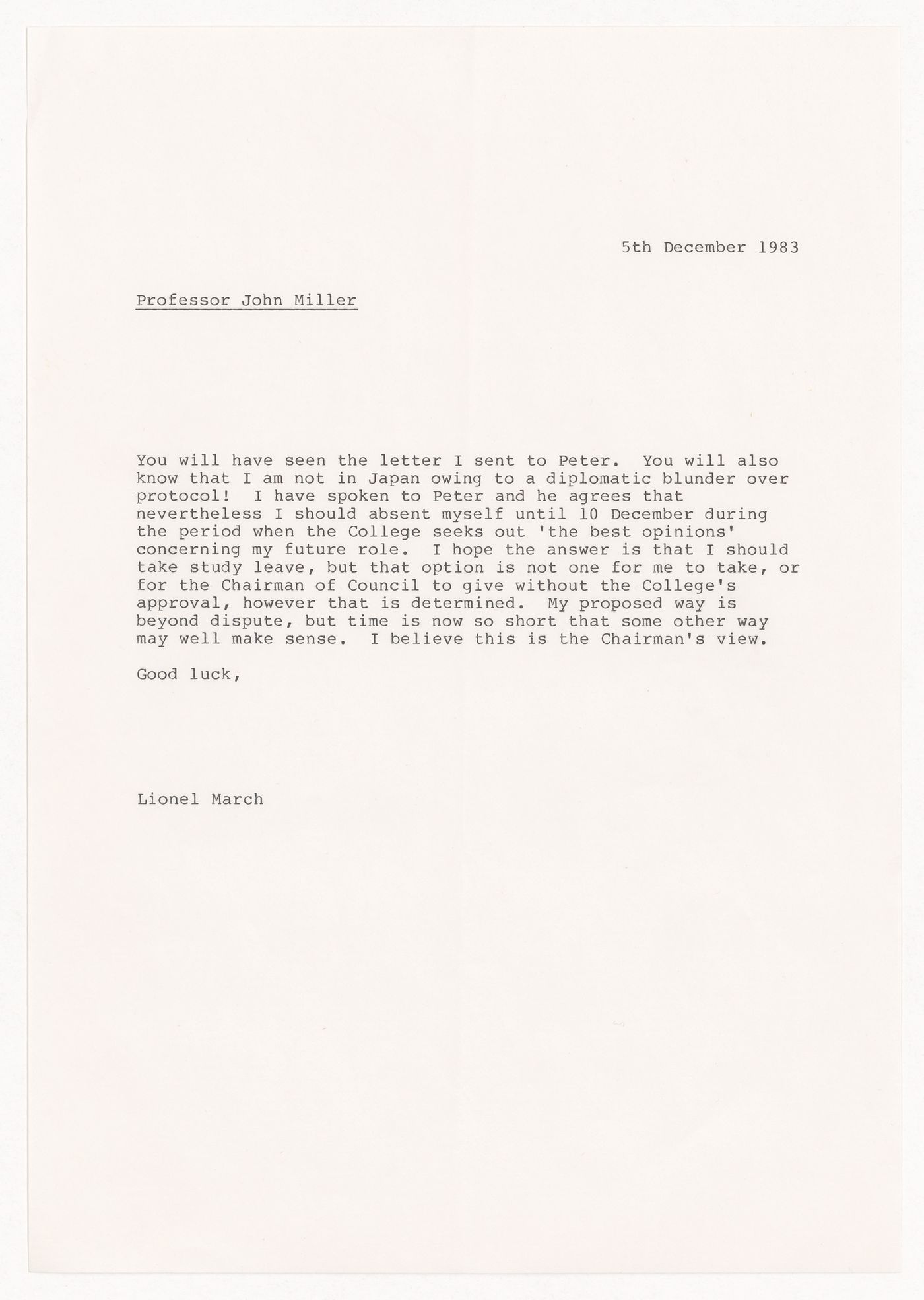 Letter from March to John Miller on Royal College of Art resignation terms