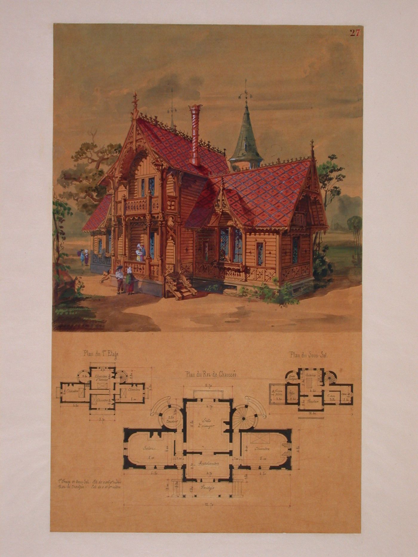 Rendered elevation and plans for a country house in a French revival style