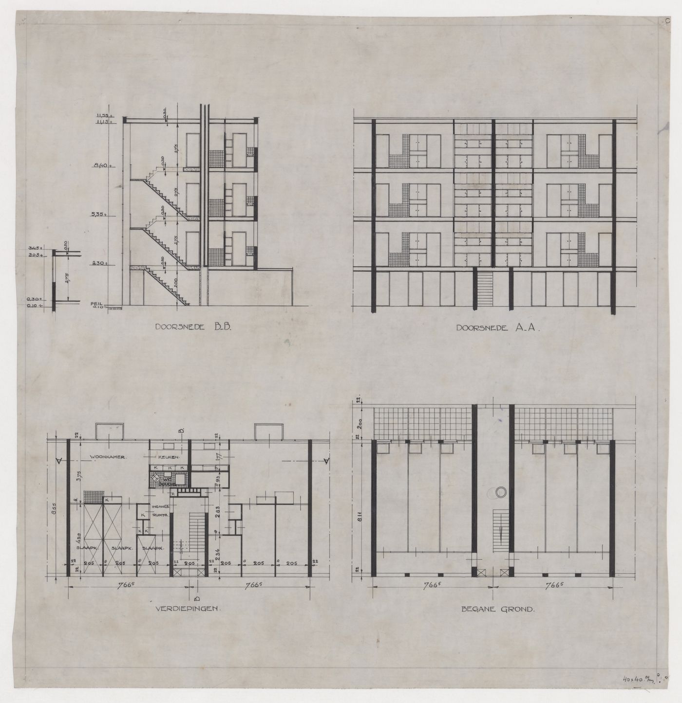Ground and first floor plans and sections for two housing units for Blijdorp Workers' Housing Quarter, Rotterdam, Netherlands