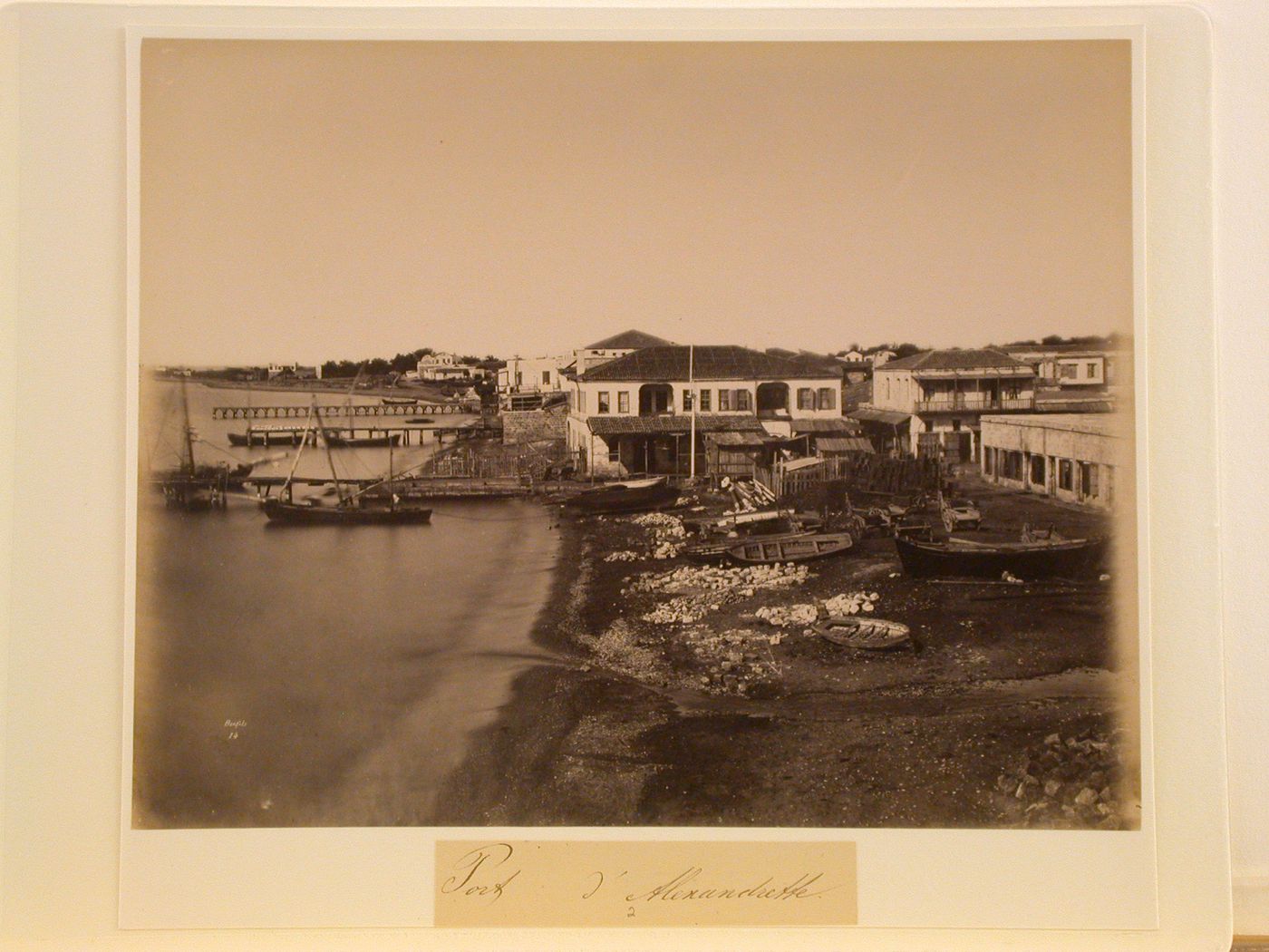 View of houses and boats on the shore, Alexandrette (now Iskenderun) or Mersina (now Icel), Ottoman Empire (now in Turkey)