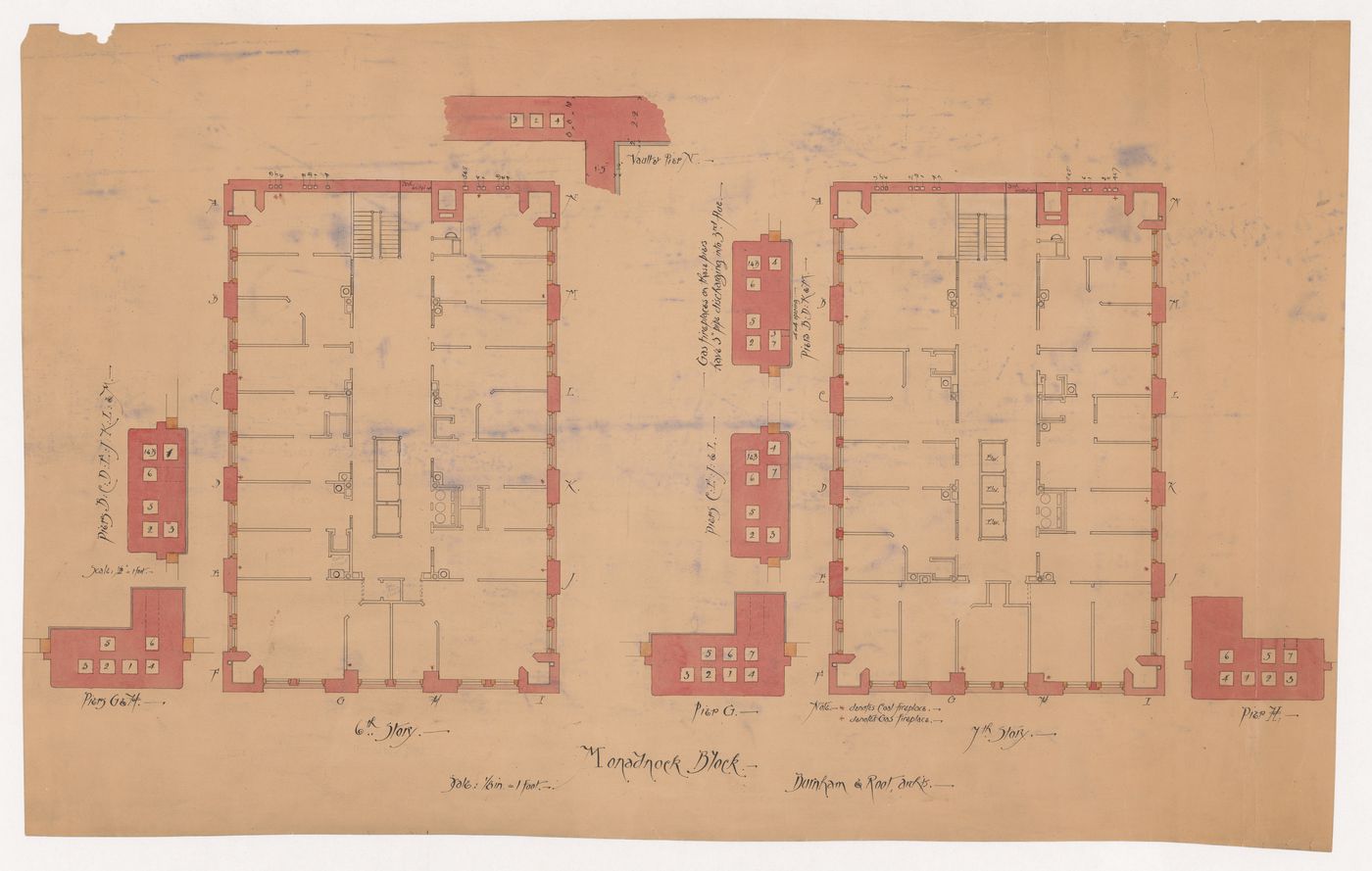 Monadnock Block, Chicago: Sixth and seventh floor plans with plans for piers showing the location of pipes