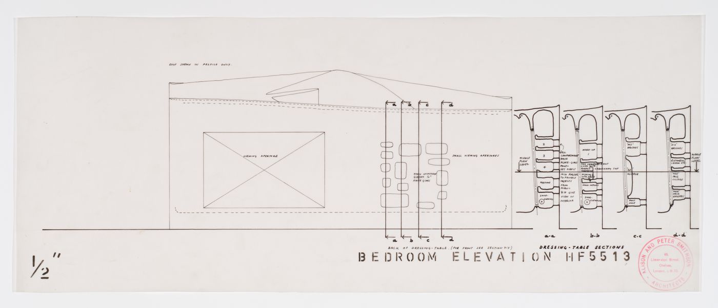 Exterior elevation and sections showing the viewing apertures to the bedroom, House of the Future, Daily Mail Ideal Homes Exhibition, London, England