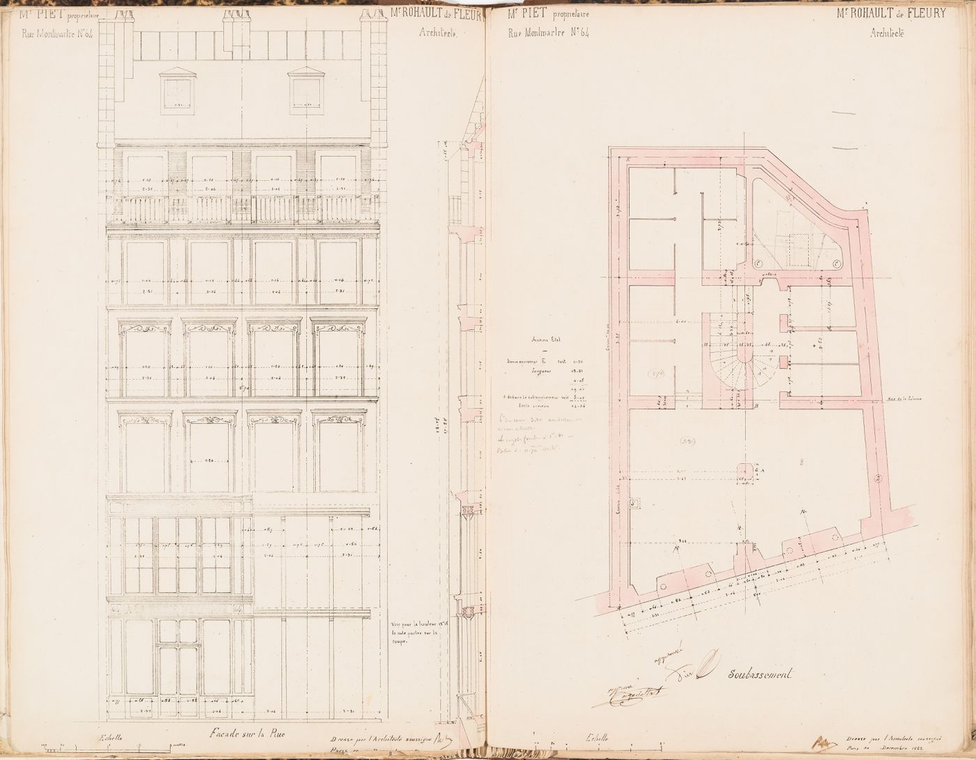 Contract drawing for an apartment house for Monsieur Piet, 64 rue Montmartre, Paris: Elevation for the principal façade with a partial section, and a plan for the "soubassement"