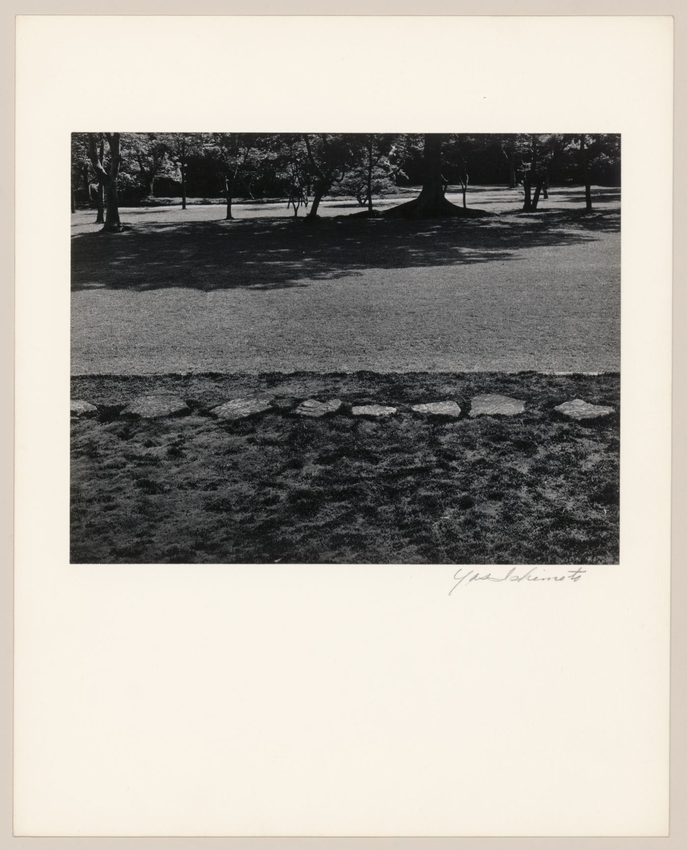 View of the south lawn (also known as the court football [kemari] field), stepping-stones, moss and trees near the Old Shoin, Katsura Rikyu (also known as Katsura Imperial Villa), Kyoto, Japan