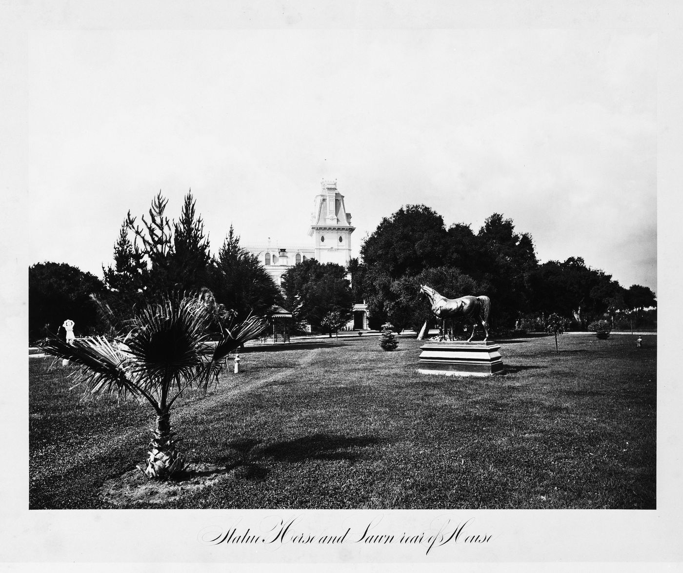 View of the exterior, lawn and statuary, Thurlow Lodge, Menlo Park, California