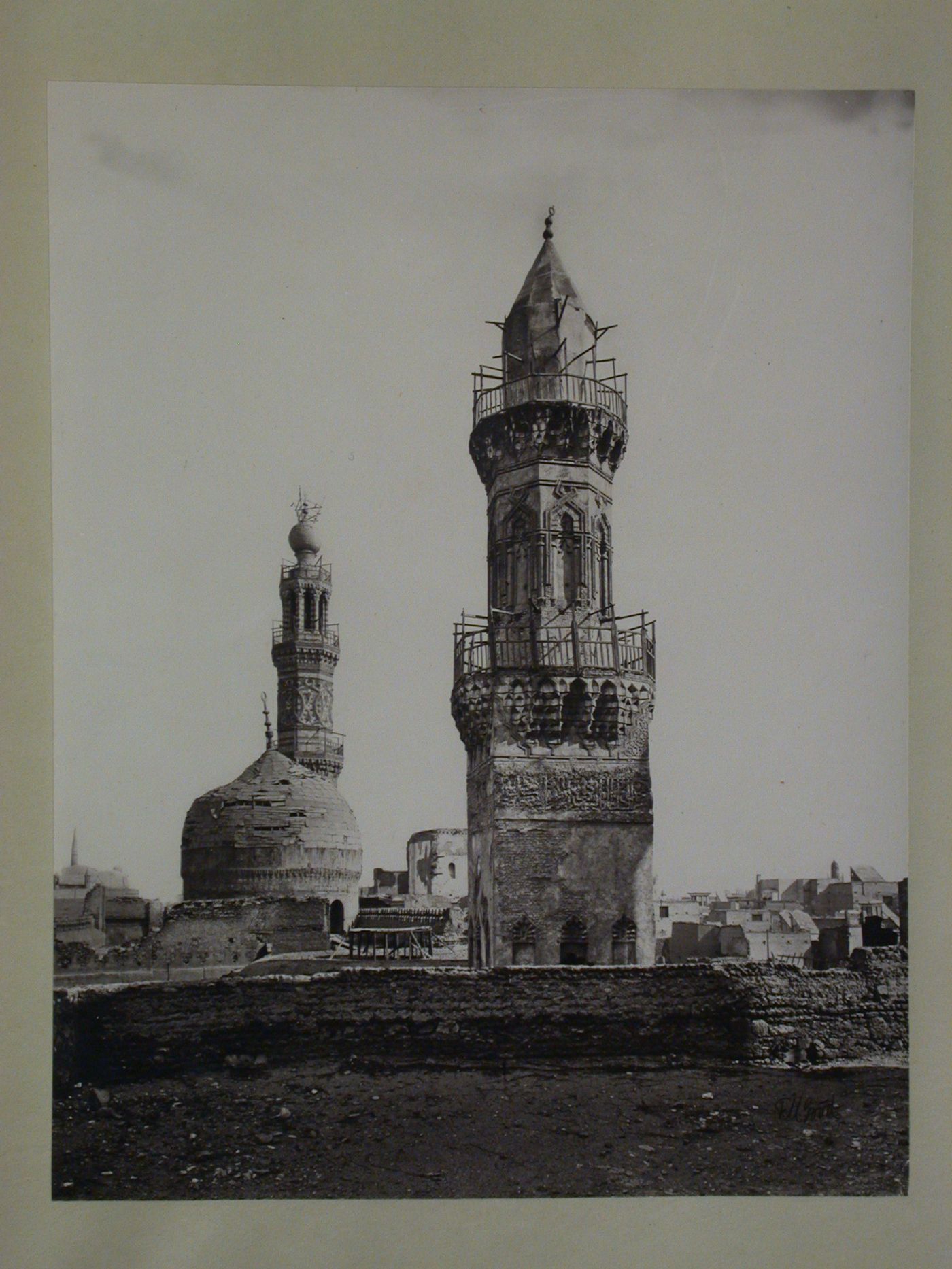 Bayn al Qasrayn, Minaret of Mosque and Mausoleum of al-Nasir Muhammad ibn Qala un, view of south face, and on left, dome and minaret of Mosque of Sultan Barquq, Cairo, Egypt