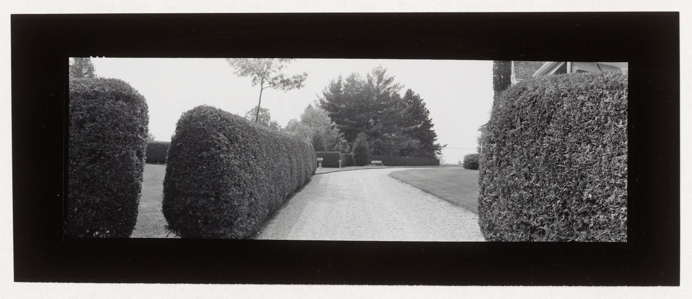 View of a driveway and gardens with a house on the far right, Lakehurst [?], Ontario