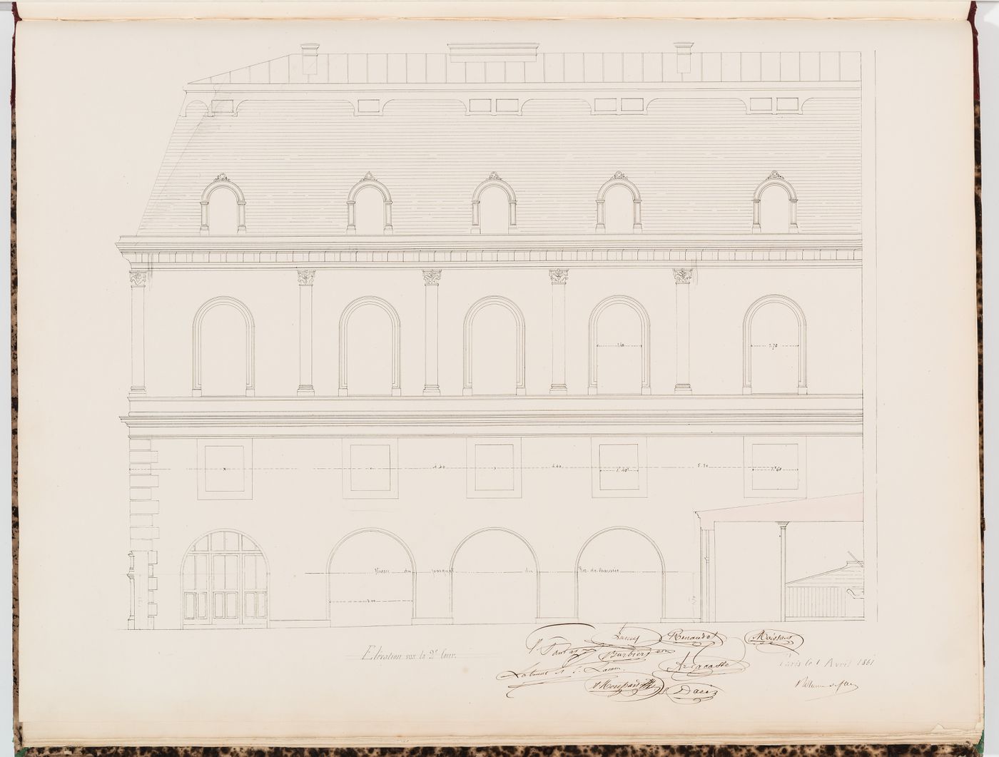 Sectional elevation through the stables and the service courtyard, Hôtel Sauvage, Paris