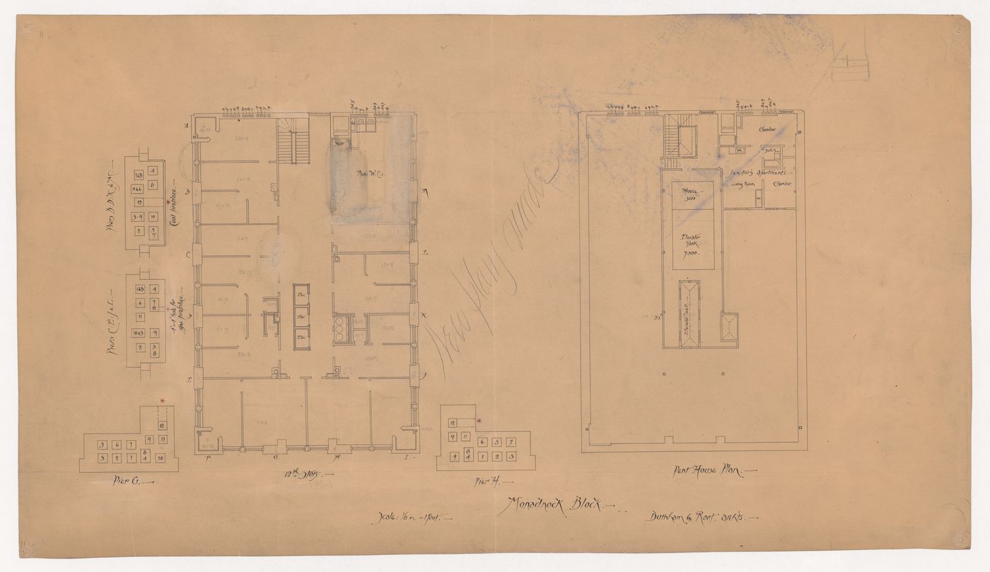 Monadnock Block, Chicago: Twelfth floor and penthouse plan with plans for piers showing the location of pipes