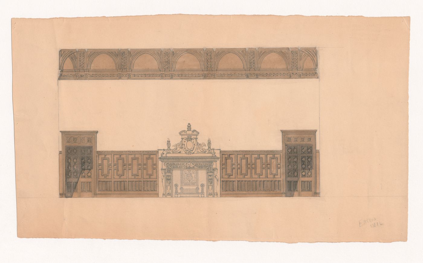Eaton Hall, Chester: Elevation for a fireplace, wood panelling and doors