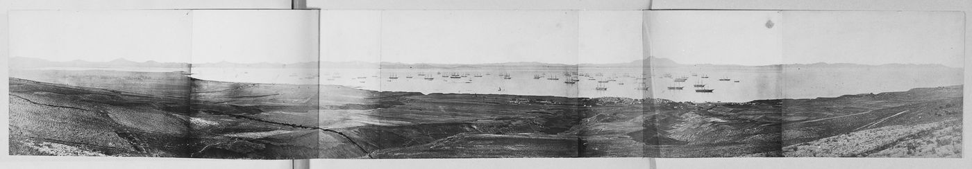 Panorama of Victoria Bay, adjacent to Talien Bay (now Dalian Wan), showing military camps and farmland, near Ch'ing-ni-wa (now part of Dalian), China