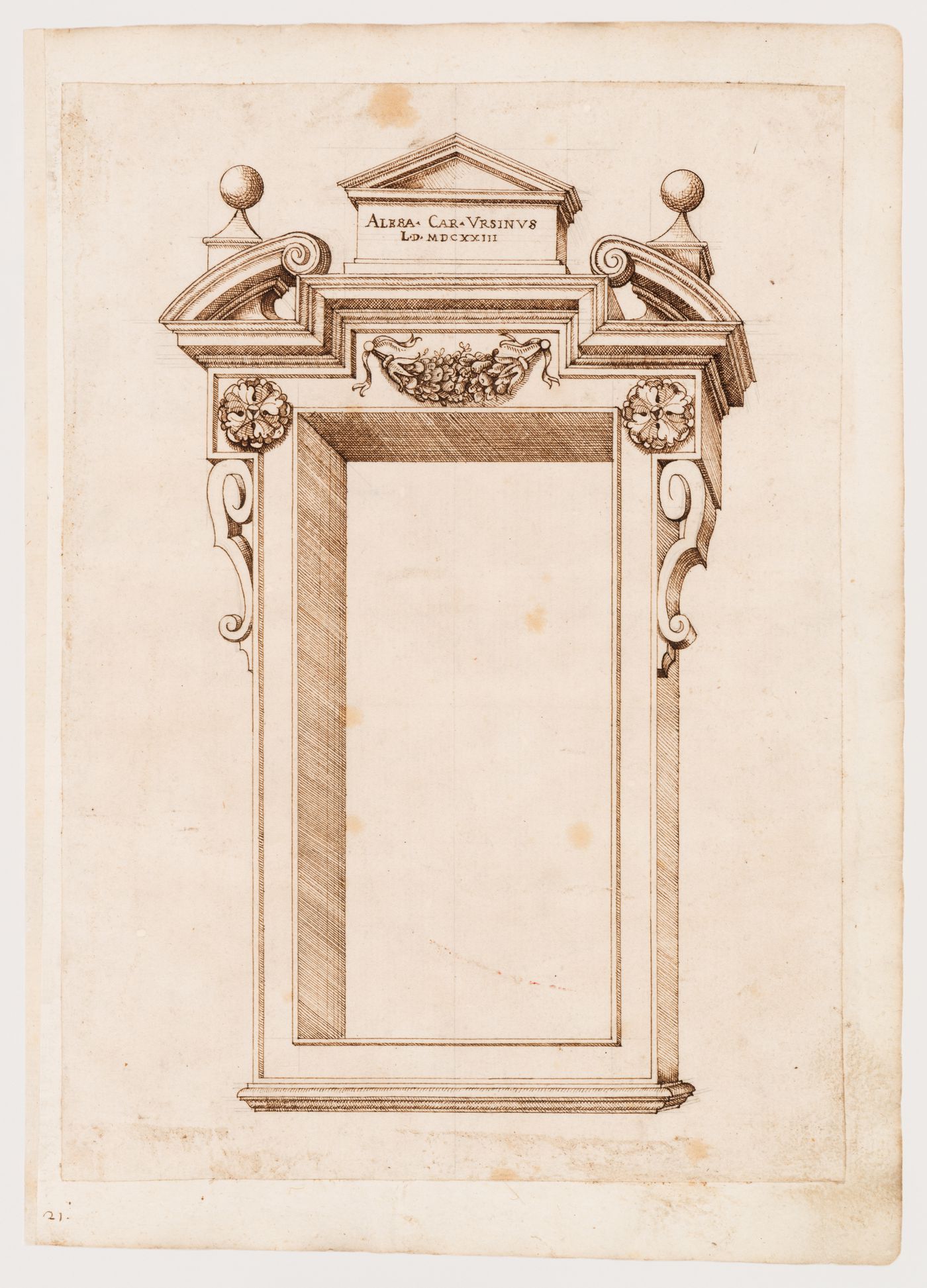 Design for a window frame with a broken pediment and volutes; verso: Perspective sketch of the Castle of Ferrara; Sketch showing alternative designs for the arches of an arcade
