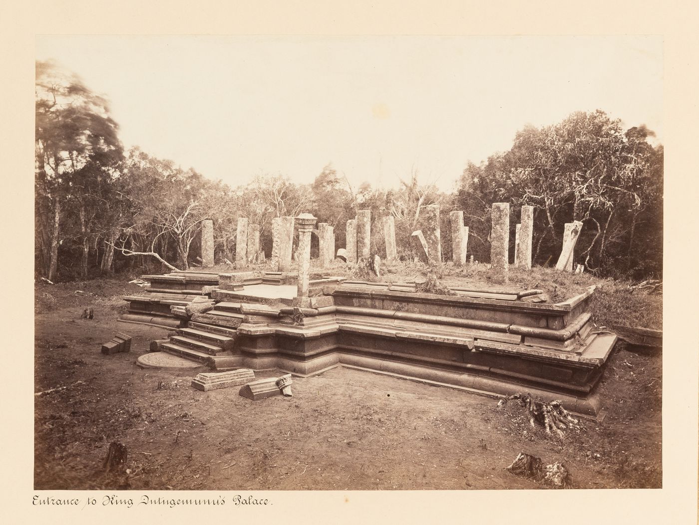 View of a pavilion and moonstone, King Mahasen's Palace, Anuradhapura, Ceylon (now Sri Lanka)