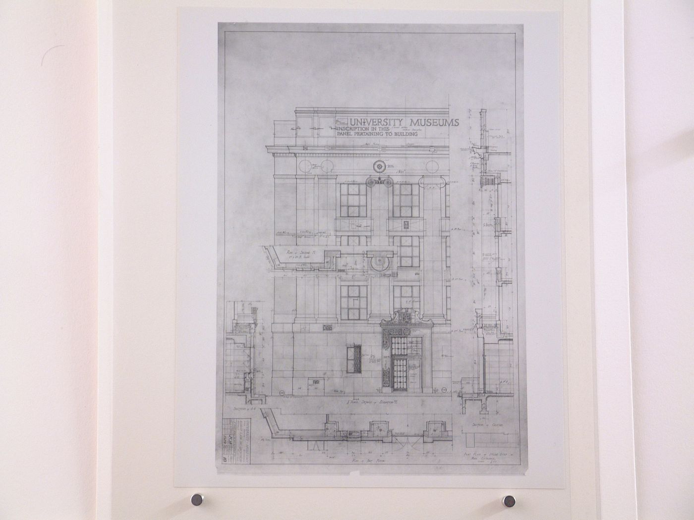 Photograph of an elevation, plans and sections for the Alexander G. Ruthven Museums Building, North University Avenue, University of Michigan, Ann Arbor, Michigan
