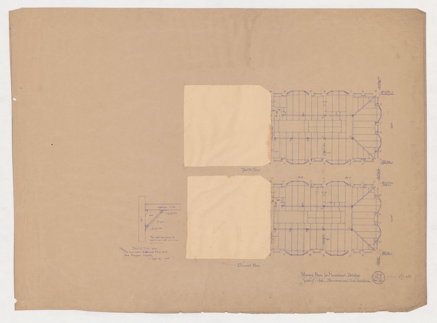 Monadnock Building, Chicago: Eleventh and twelfth floor framing plans with detail for the beam-to-column connections