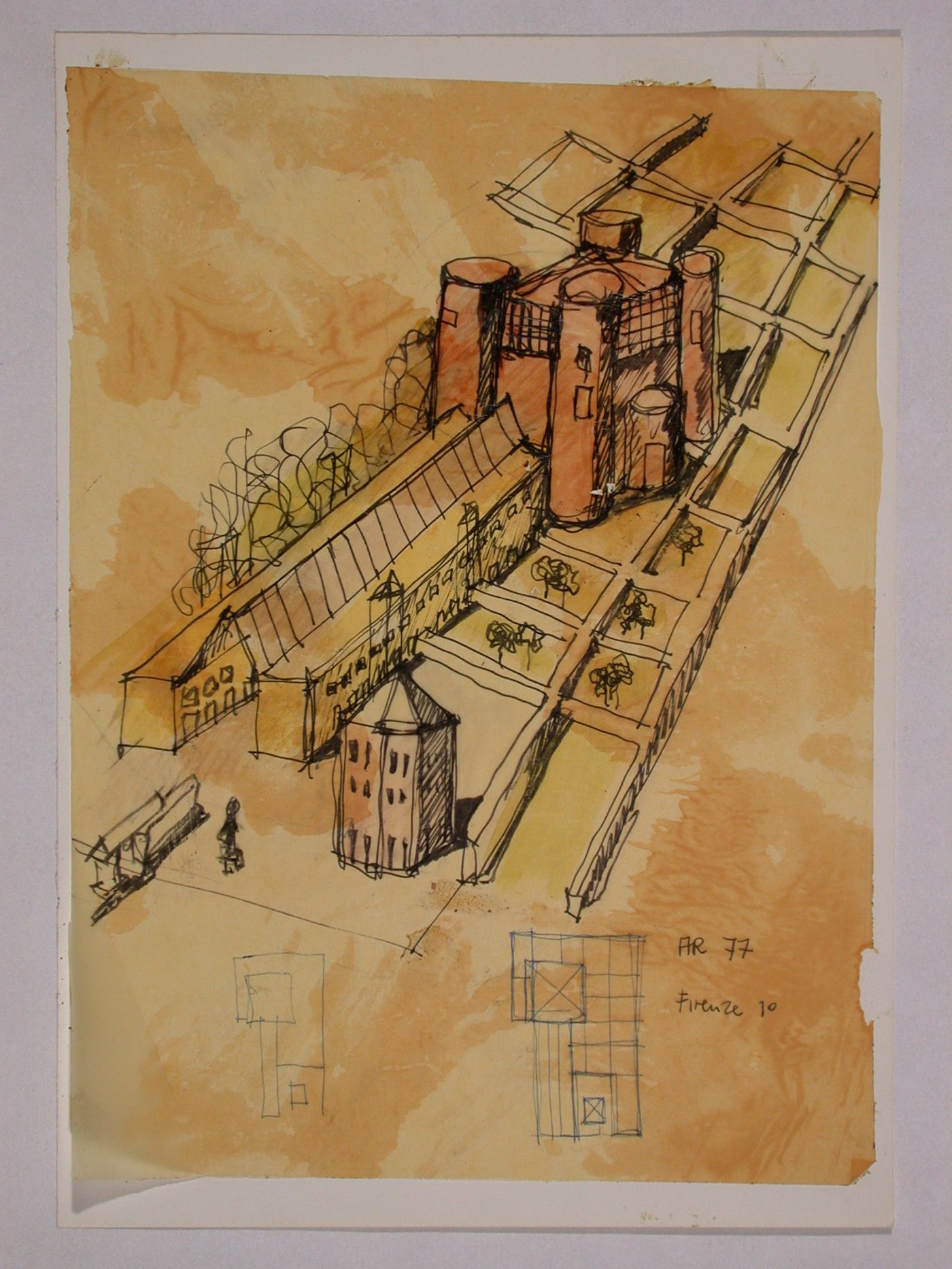 Sketch axonometric and sketch plans for Centro Direzionale, Florence; verso: Sketch plan and sketch axonometric for Centro Direzionale, Florence