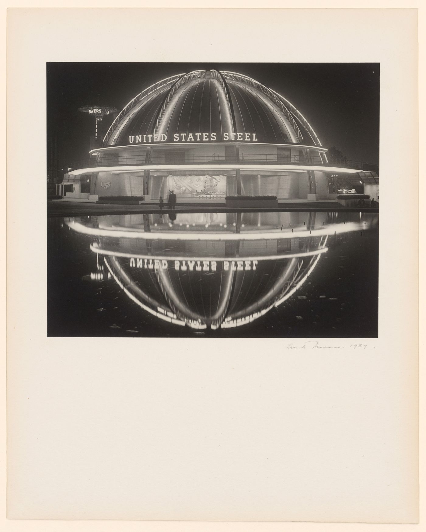 New York World's Fair (1939-1940): U.S. Steel Building, frontal view, reflected in pool