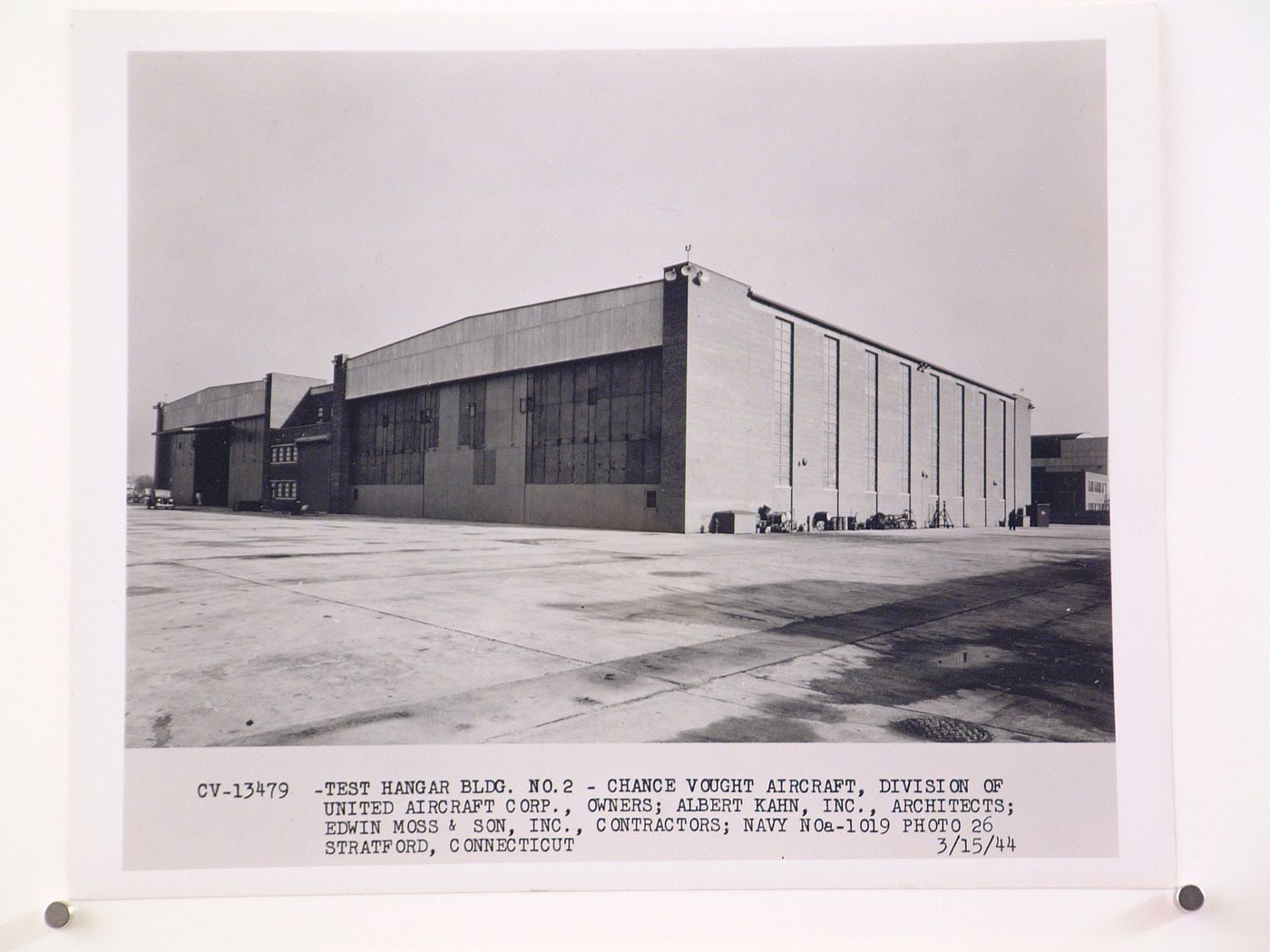 View of the principal and lateral façades of Hangar No. 2, United Aircraft Corporation Chance-Vought Airplane division Assembly Plant, Stratford, Connecticut