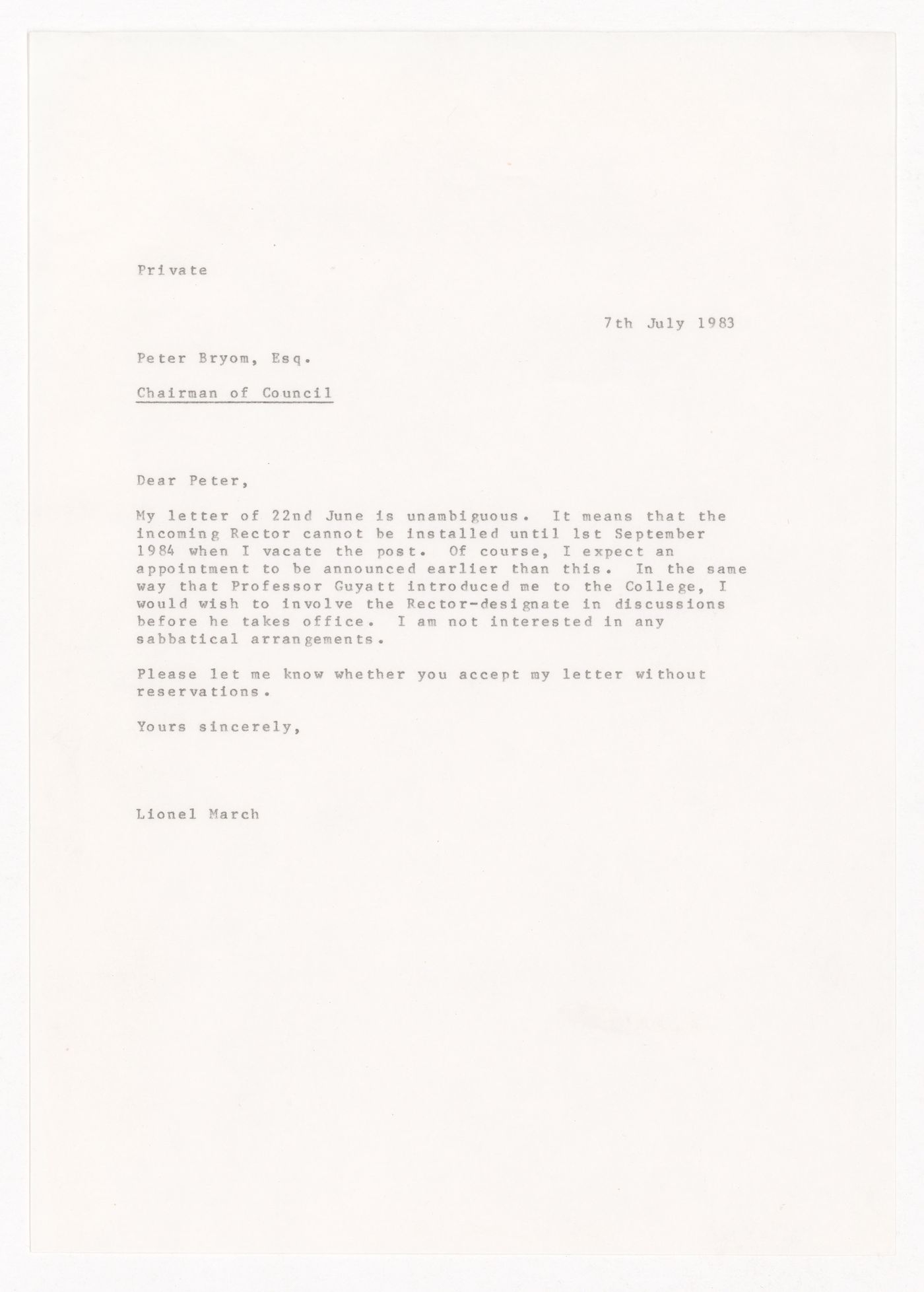 Correspondence from Lionel March to Peter Byrom regarding resignation from Royal College of Art, London