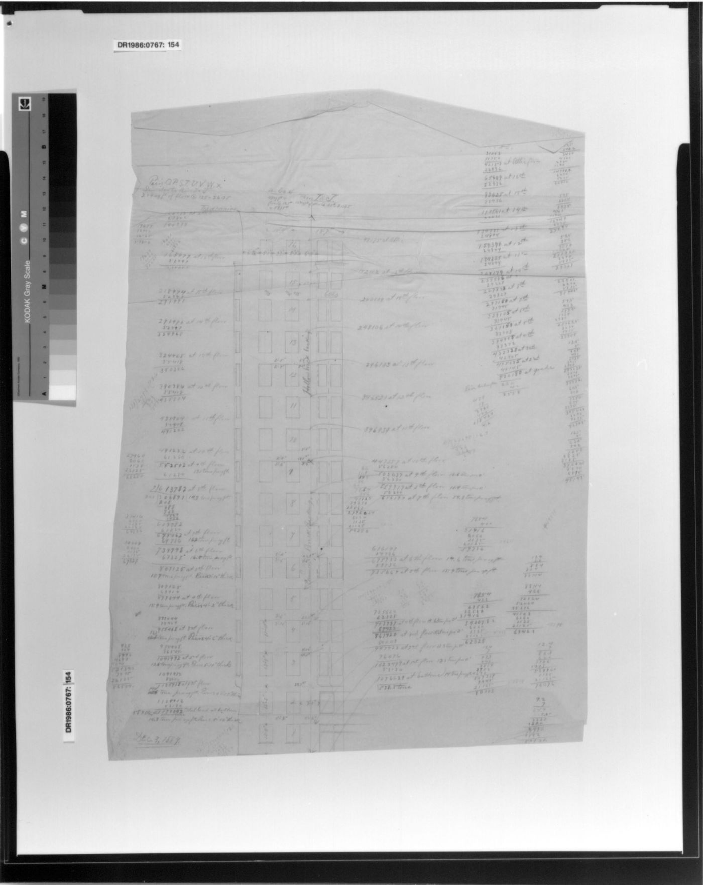 Monadnock Building, Chicago: Partial elevation with load calculations for piers G, H, I, J, O, P, S, T, U, V, W, and X