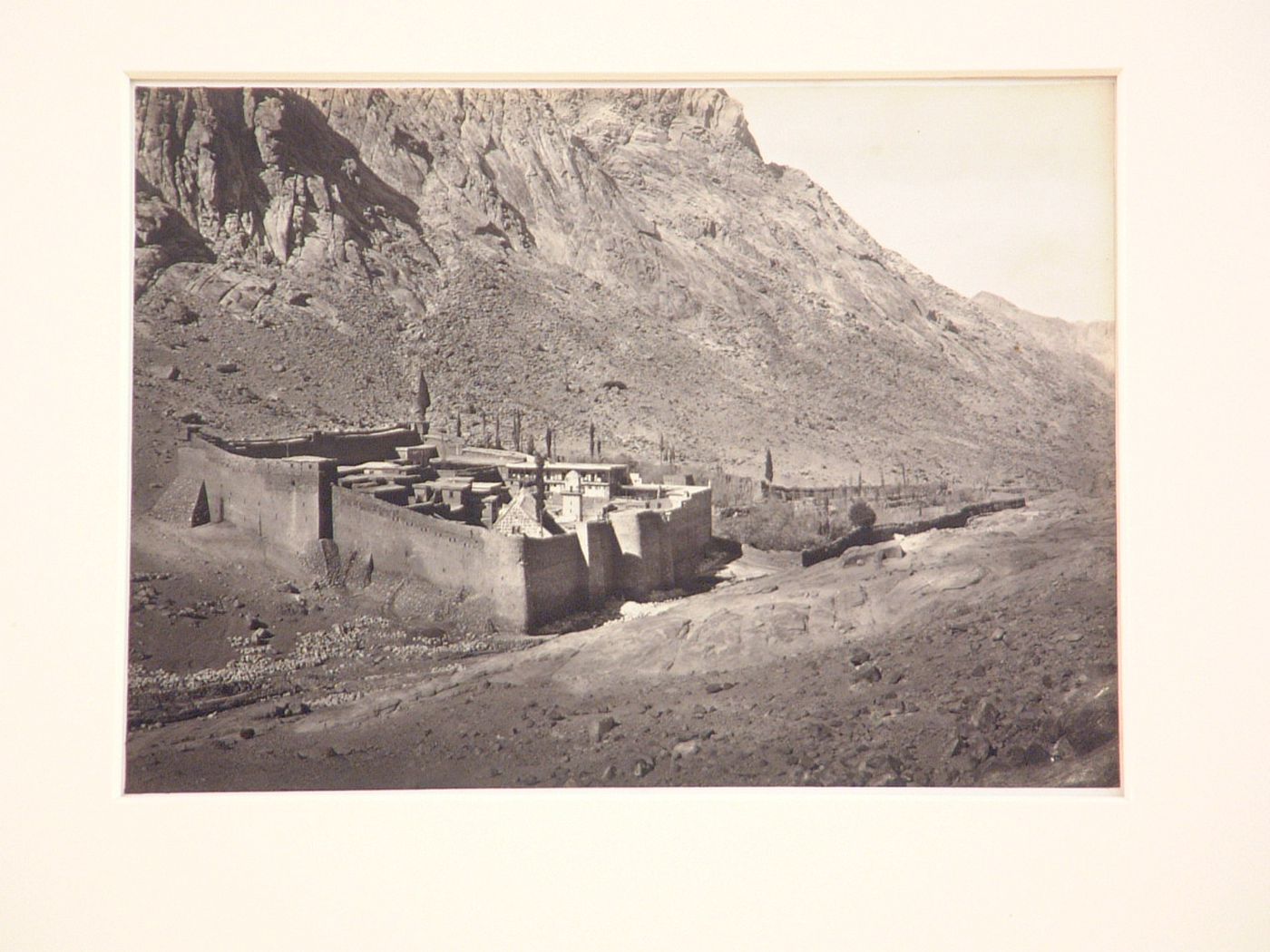 Saint Catherine's Monastery, from the east, showing the Southeastern wall on the left, and the Northeastern wall on the right, Mount Sinai, Sinai, Egypt