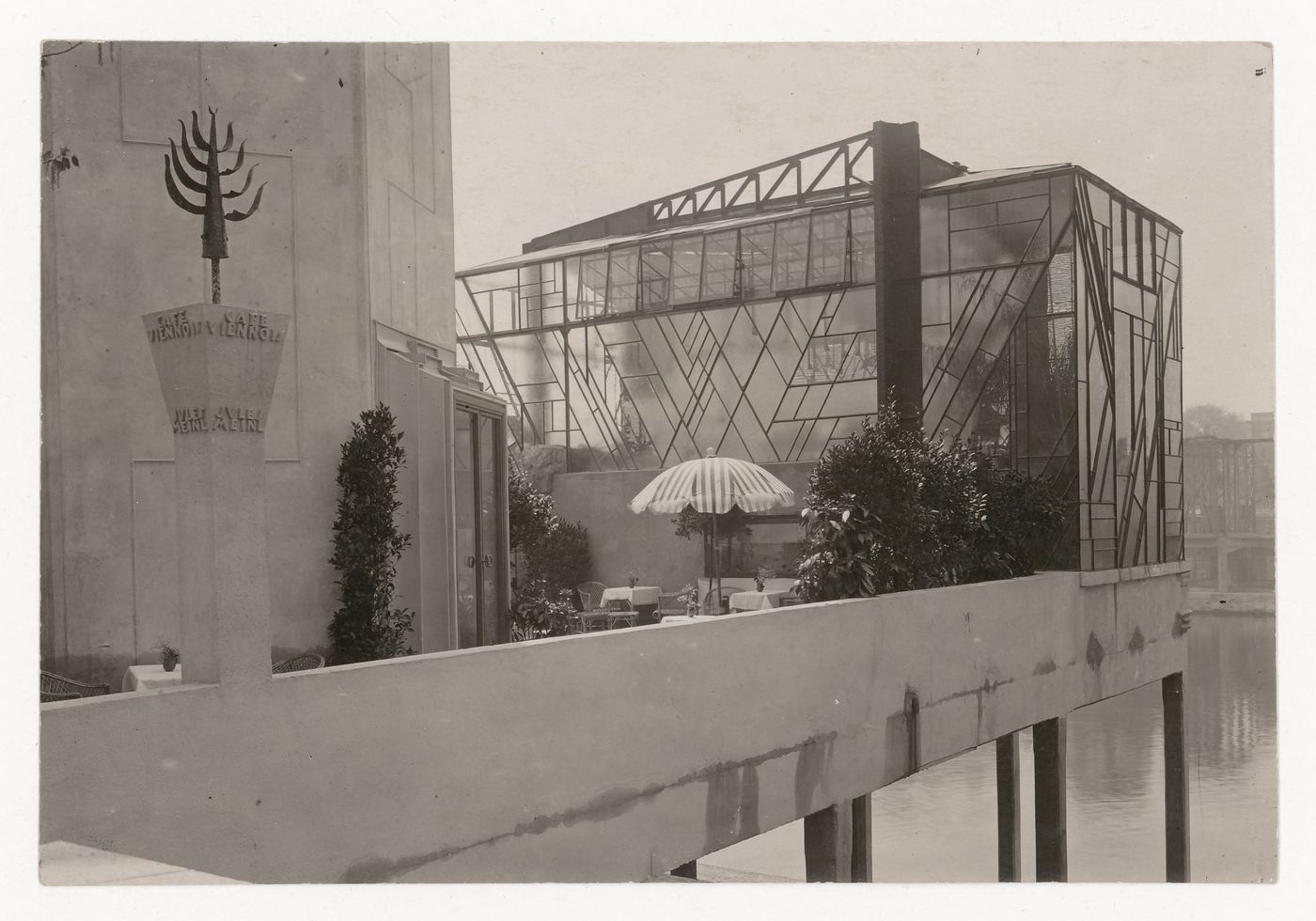 View of the deck of Café Viennois showing the glass house, International Exhibition of Modern Decorative and Industrial Arts [Exposition internationale des arts décoratifs et industriels modernes], Paris, France