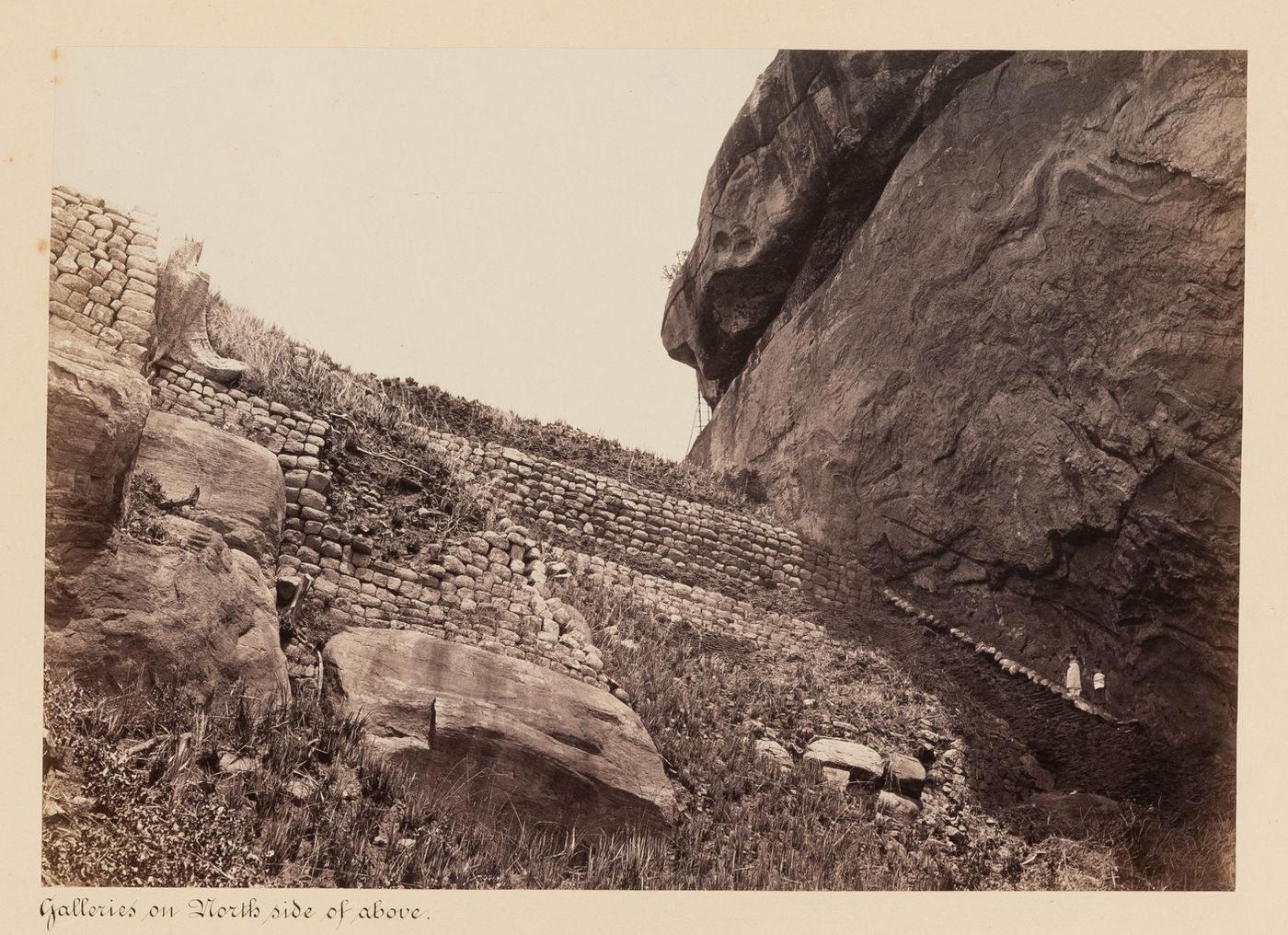 View of the north façade of Sigiriya showing retaining walls and a staircase, Ceylon (now Sri Lanka)