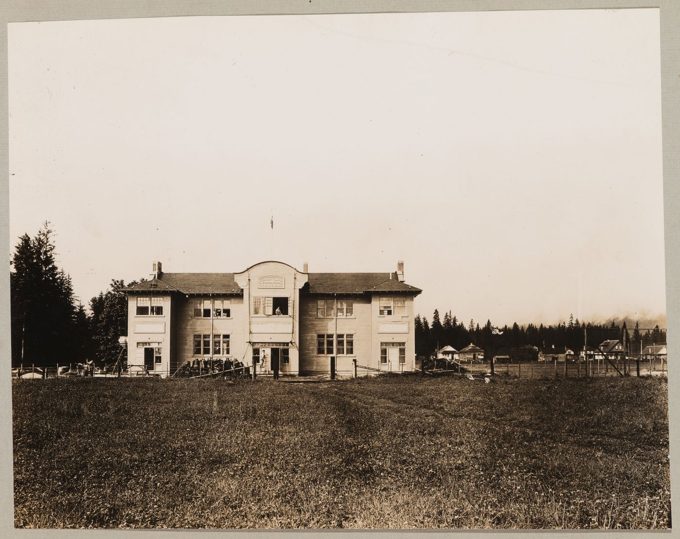 View of the principal façade of the Agricultural Hall, Coquitlam (now Port Coquitlam), British Columbia