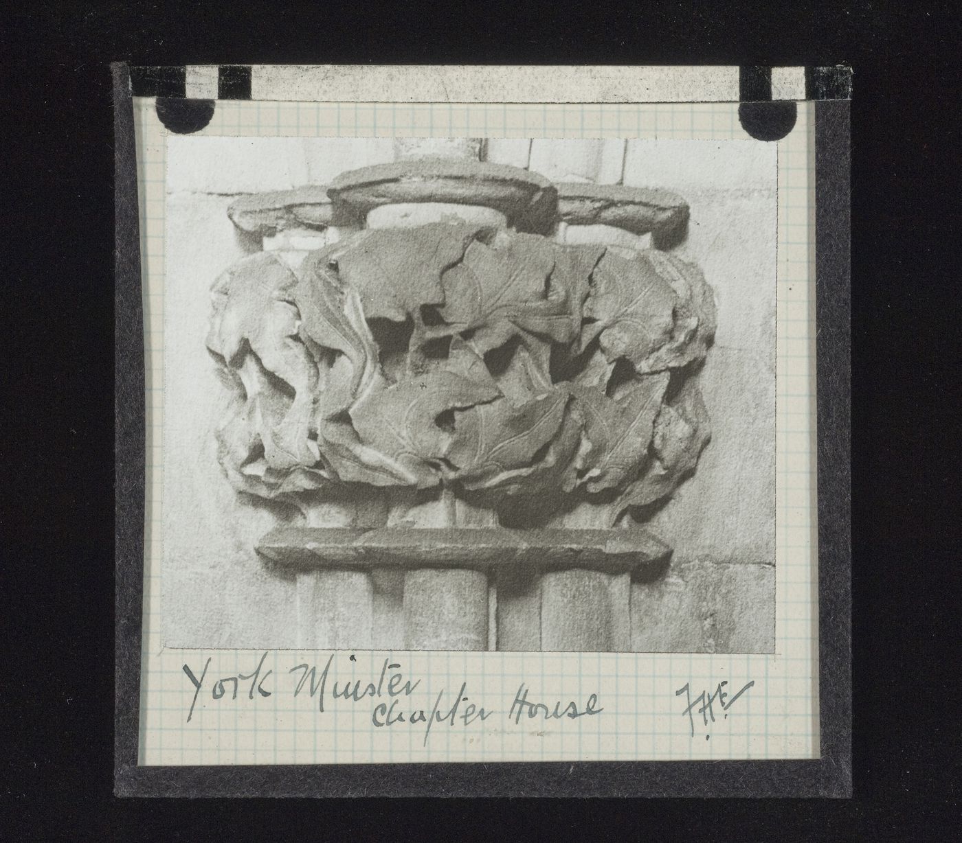 View of capital with carved leaves in Chapter House of York Minster, York, North Yorkshire, England