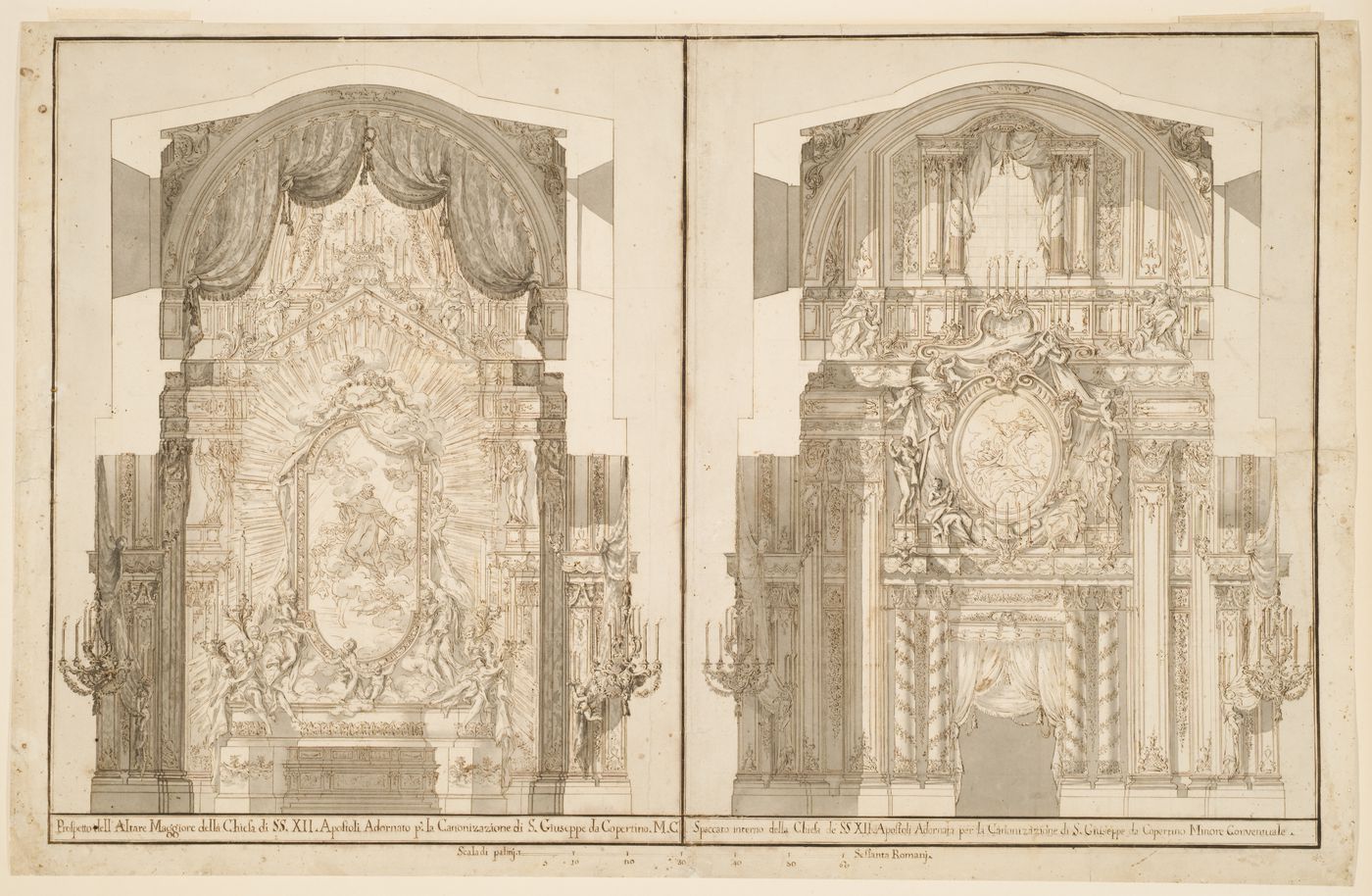Elevation of the high altar of the Santi Apostoli church, Rome (left), and of the entrance gate of the church (right), decorated on the occasion of the solemn octave celebrated for the canonization of San Giuseppe da Copertino