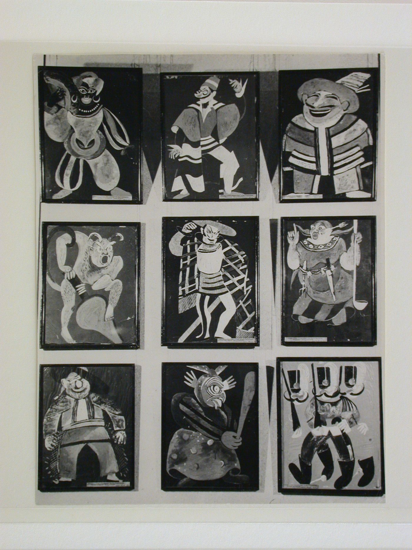 Photograph of nine costume designs by I. Rabinovich [?] for the opera "Love for Three Oranges" by Sergei Prokof'ev, Soviet Union (now in Russia ?)