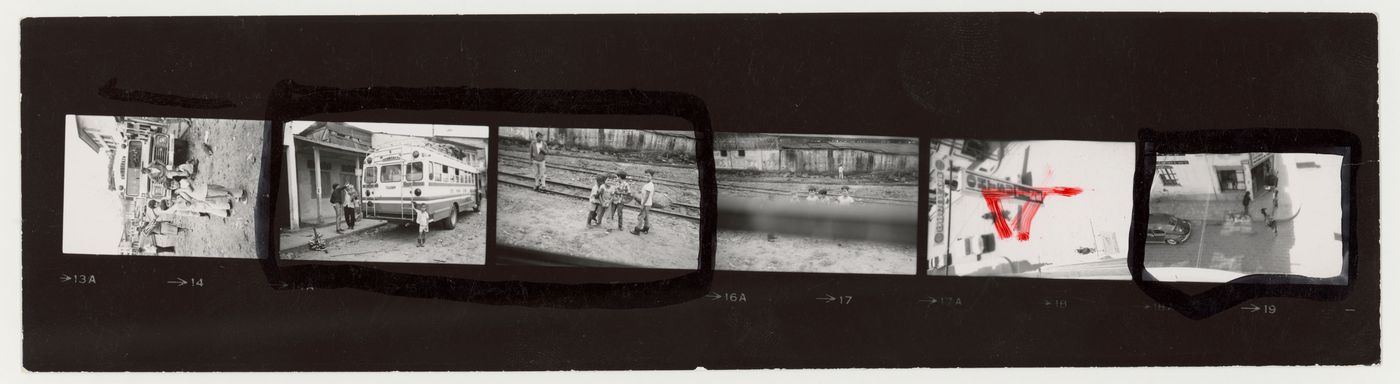 Strip of contact sheet of street scenes and children near a railroad track, South America