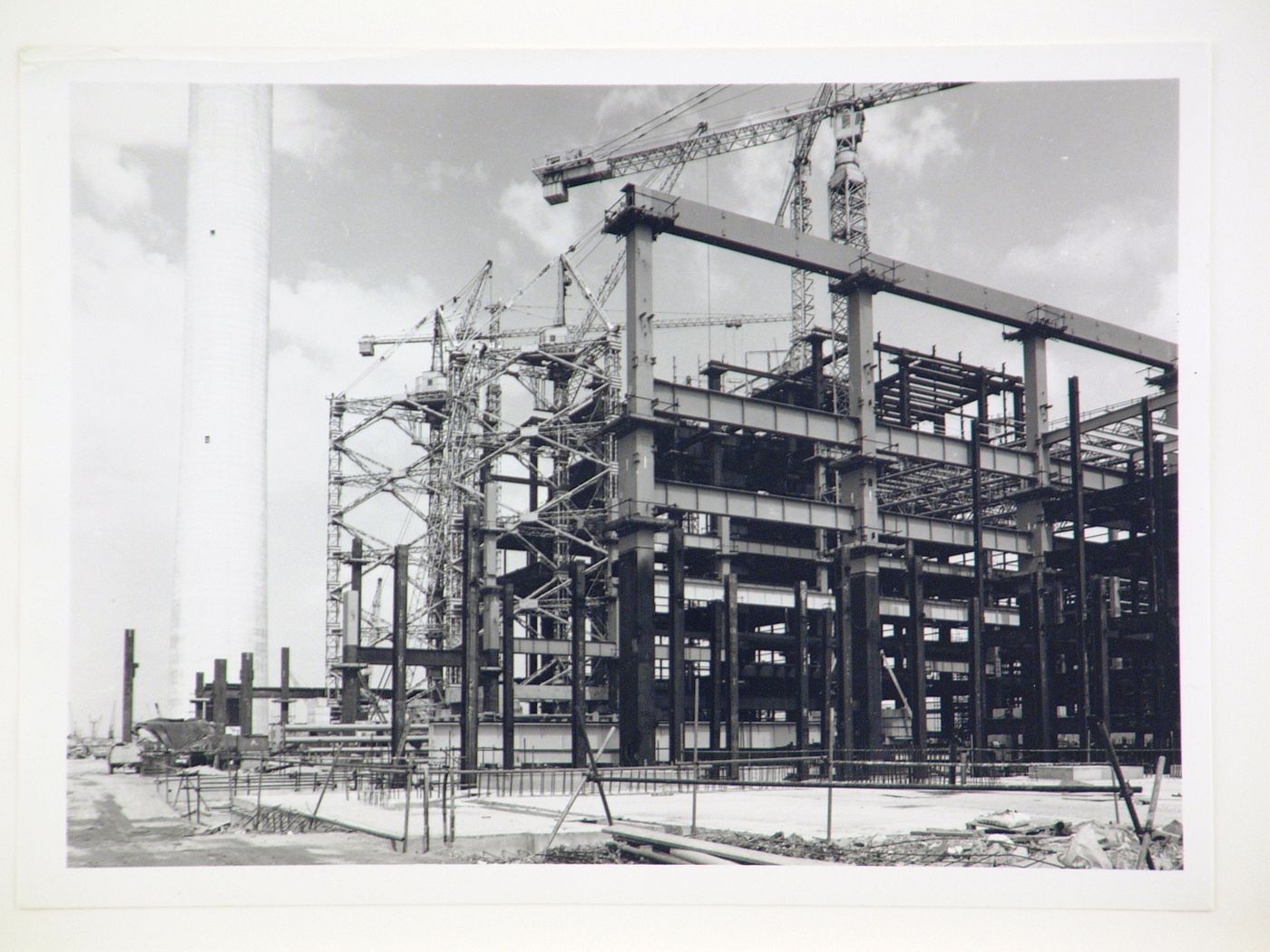 View of construction of steel structure for power station, United Kingdom