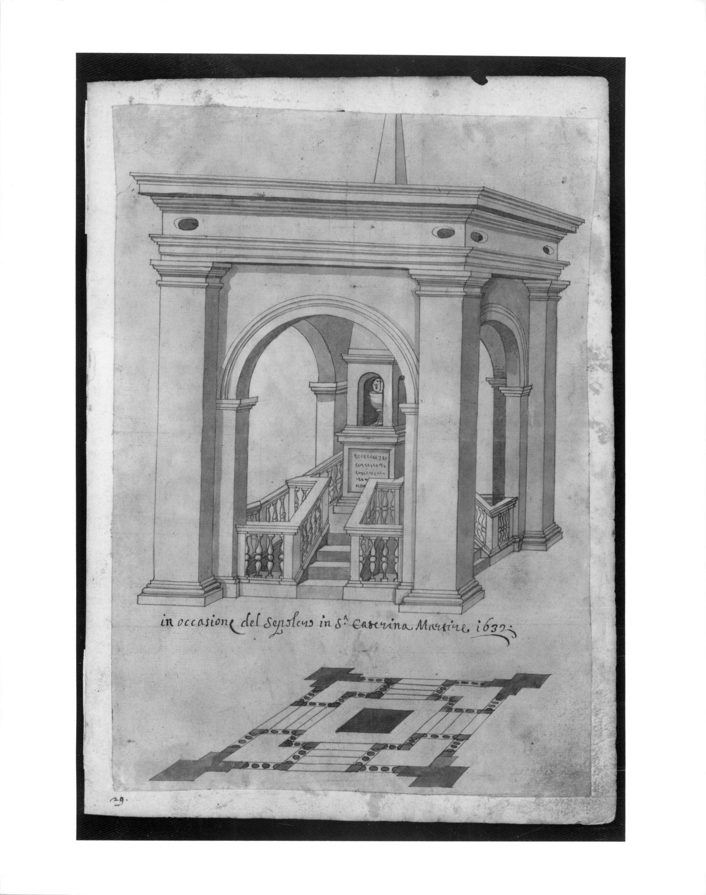 Perspective sketch and plan of a tomb in Santa Caterina Martire