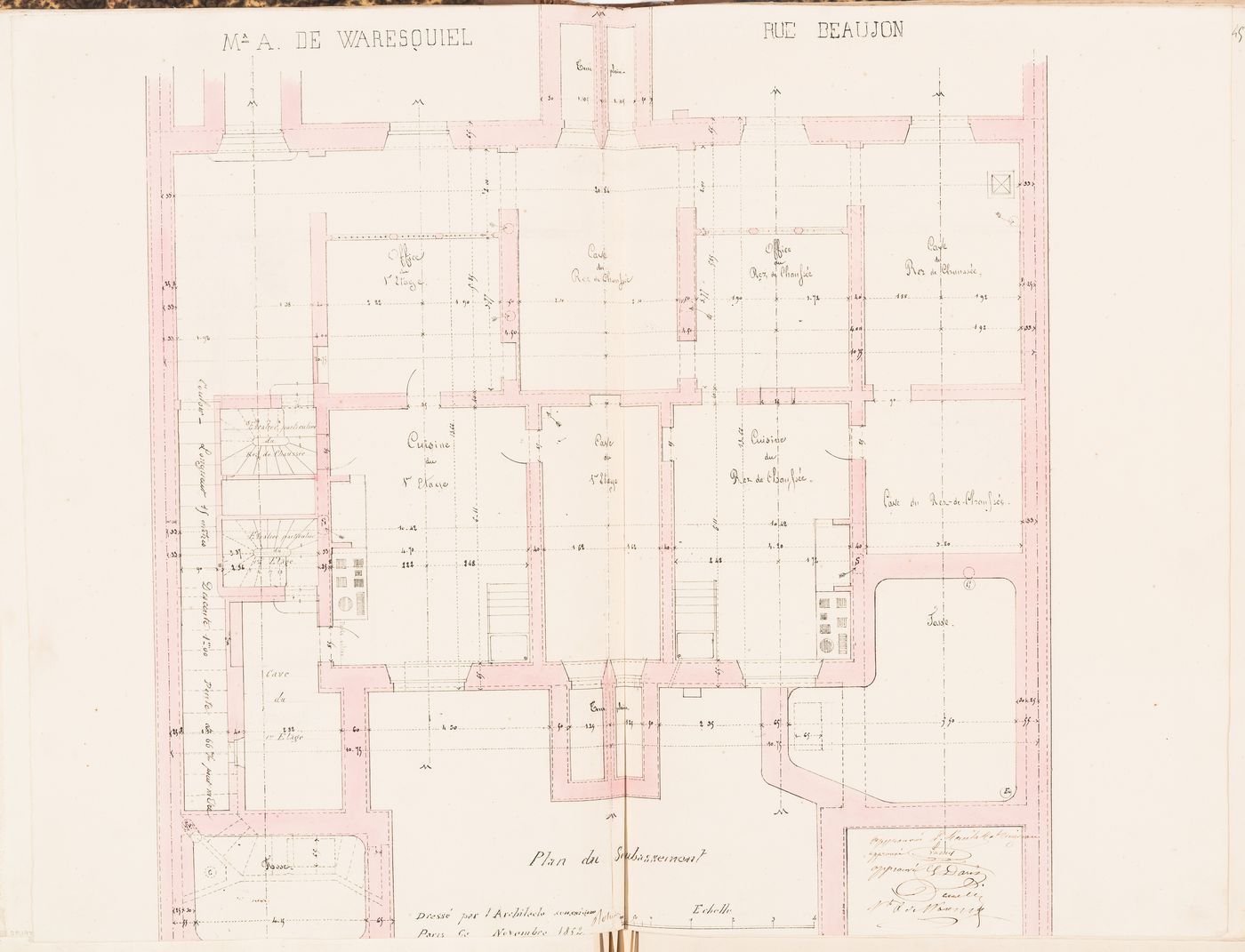 Contract drawing for a house for Monsieur A. Waresquiel, rue Beaujon, Paris: Plan for the "soubassement"