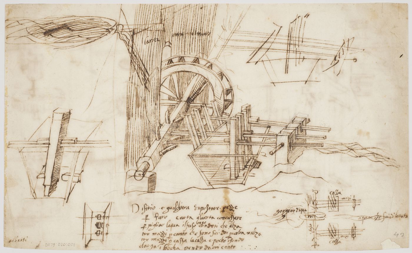 Design for a water-powered paper-making machine (recto)