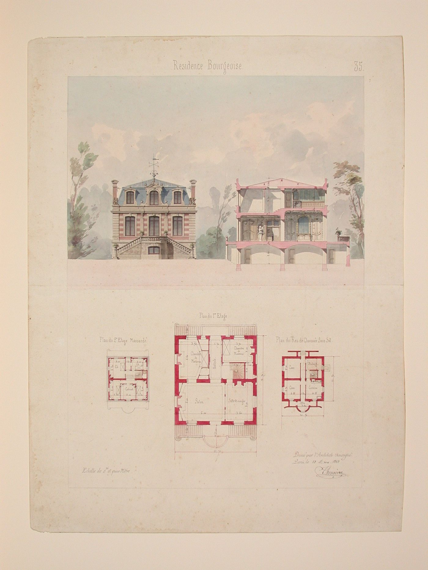 Rendered elevation and plans for a country house in a French revival style