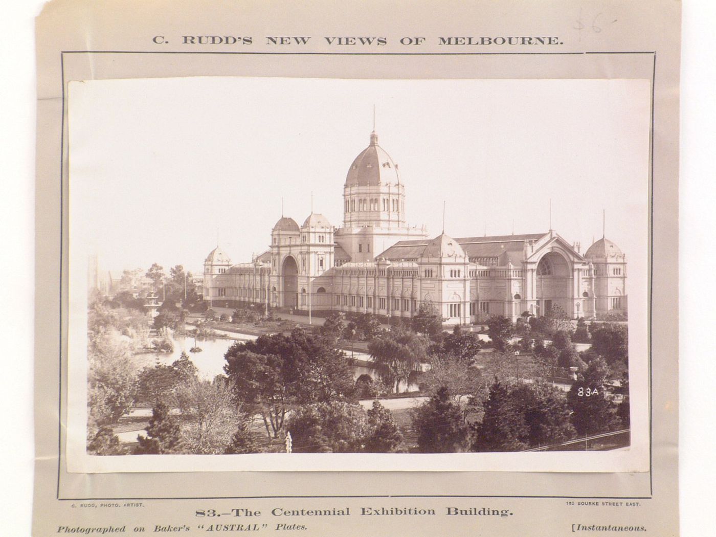 View of the Centennial Exhibition building showing the main entrance with Carlton Gardens in the foreground, Melbourne, Australia